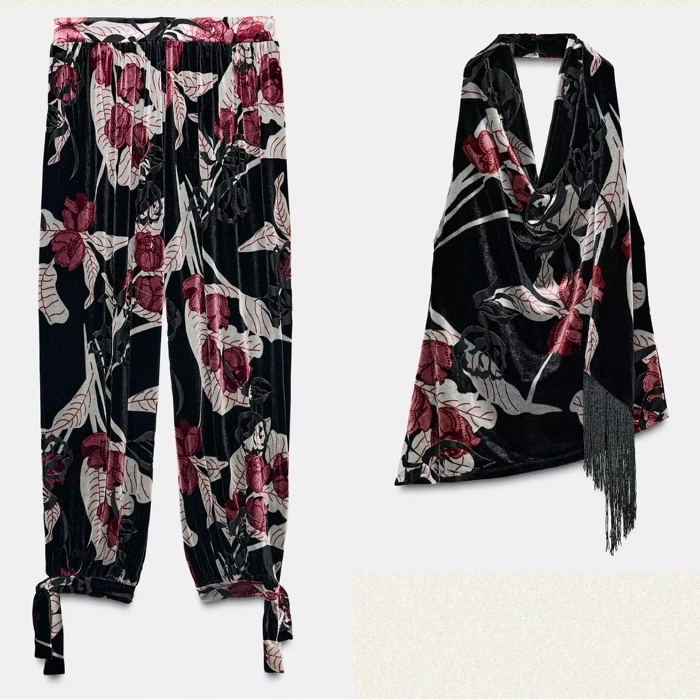 ZARA FRINGED VELVET HALTER TOP BLACK / FUCHSIA VELVET PANTS SIZES S & M